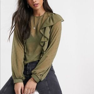 River Island dobby spot frill blouse in khaki